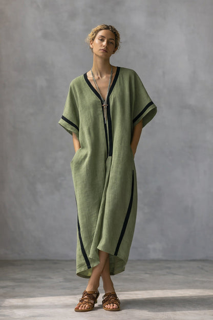 Linen Blend V-Neck Kaftan Dress