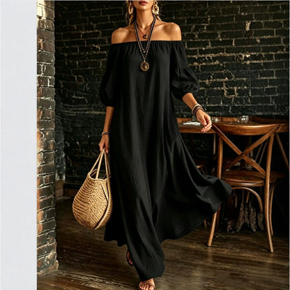 White Off‑Shoulder Balloon Sleeve Flowy Maxi Dress