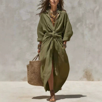 Women'S Solid Color Shirt Collar Single-Breasted Pocket Cardigan Long-Sleeved Casual Dress
