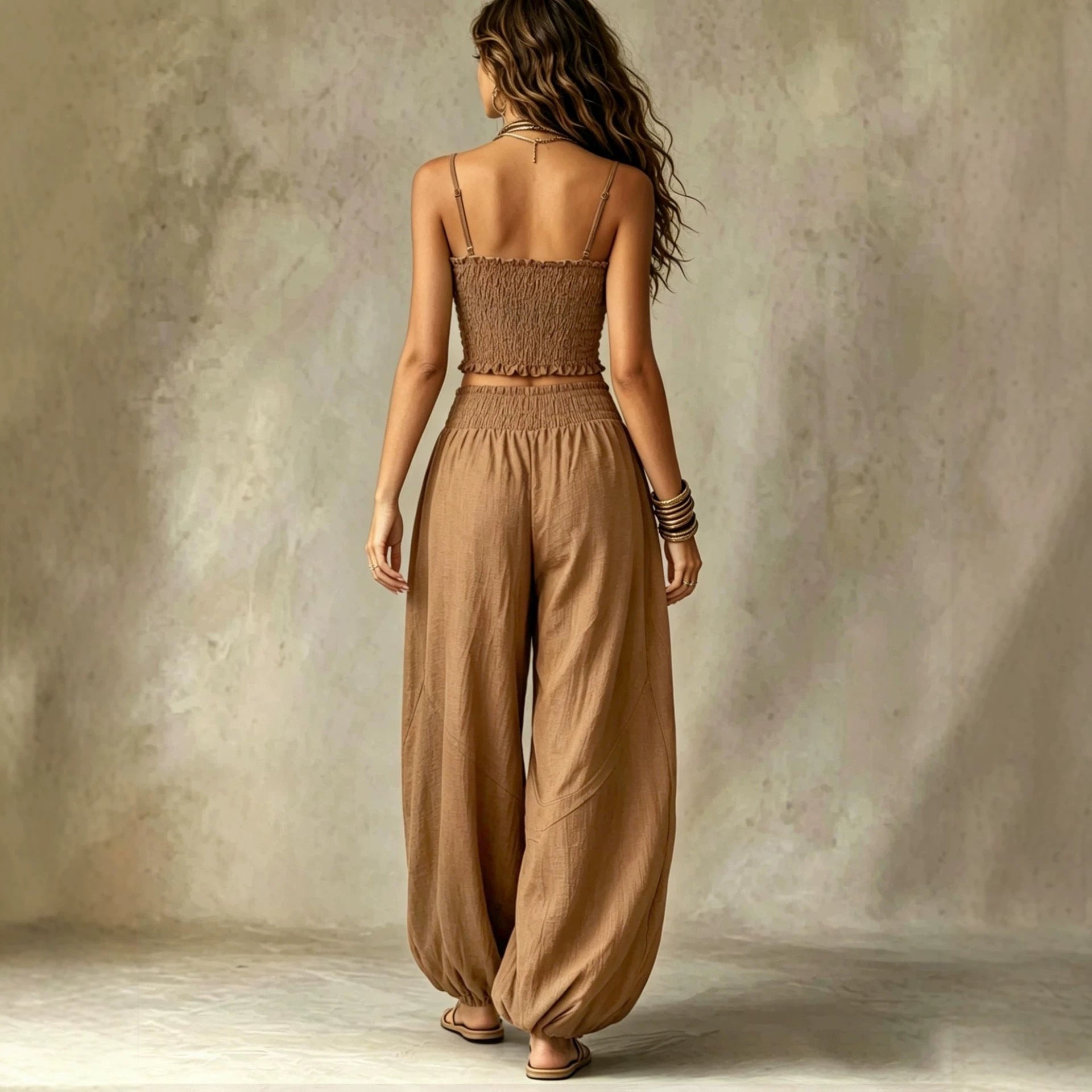 Spaghetti Strap Crop Top Baggy Harem Pants Boho Resort Wear Set