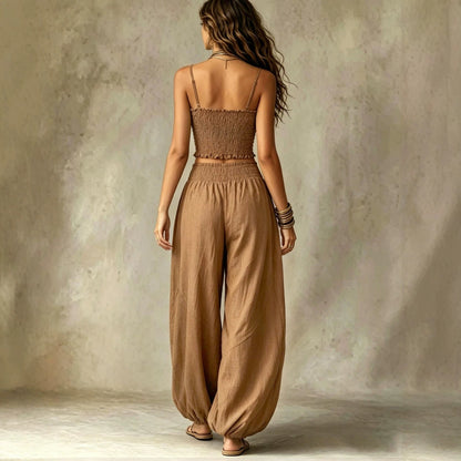 Spaghetti Strap Crop Top Baggy Harem Pants Boho Resort Wear Set