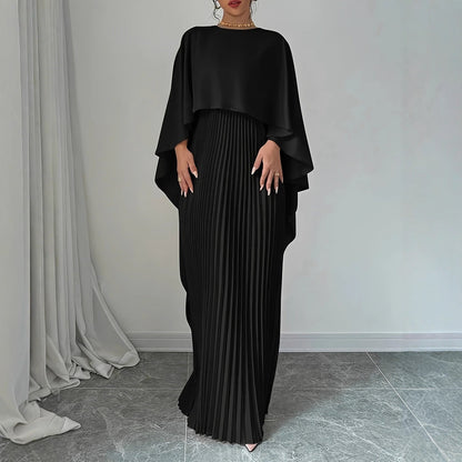 Cape Overlay Pleated Maxi Dress