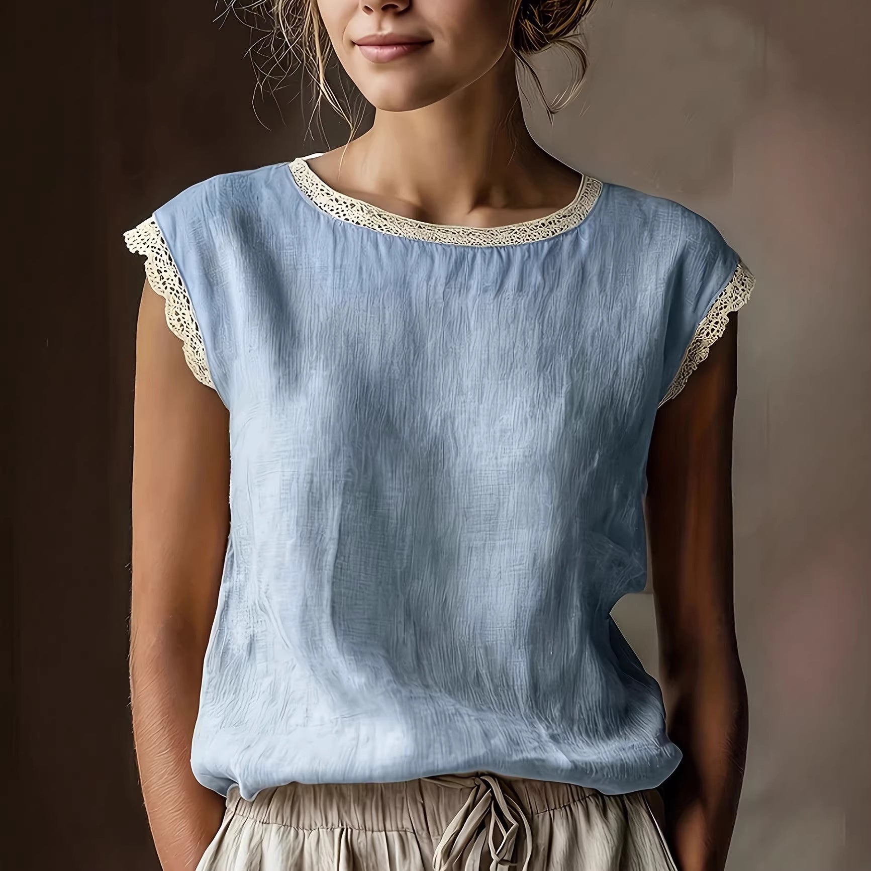 Women'S Retro Loose Solid Color Round Neck Lace Splicing Sleeveless Linen Shirt