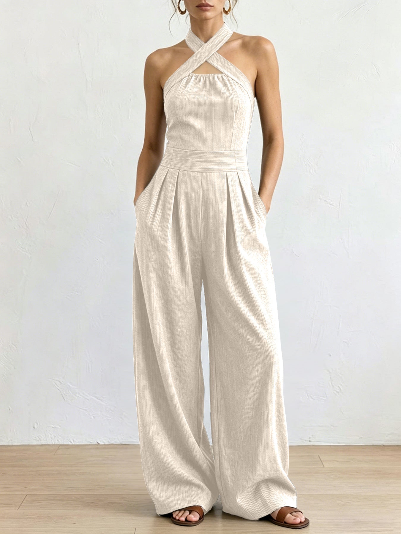 Crisscross Halter Keyhole Cutout High Waist Wide Leg Pantsuit with Pockets
