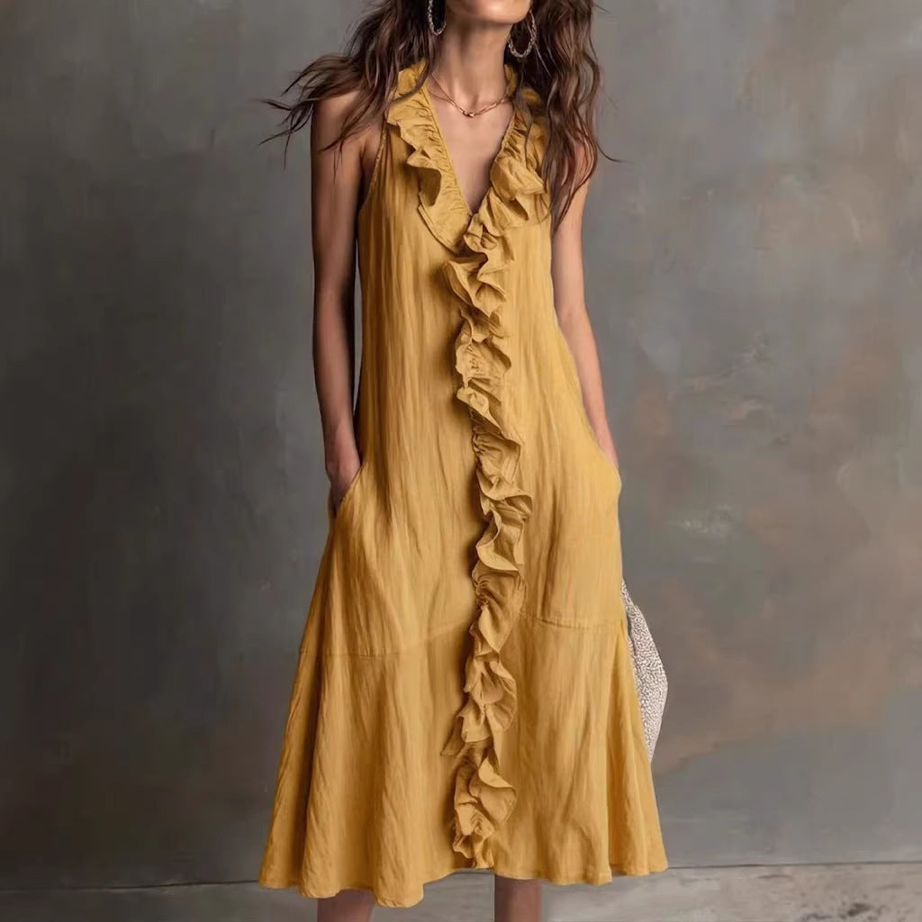 🌿 Ruffle V-Neck Sleeveless Midi Dress