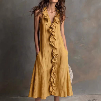 🌿 Ruffle V-Neck Sleeveless Midi Dress