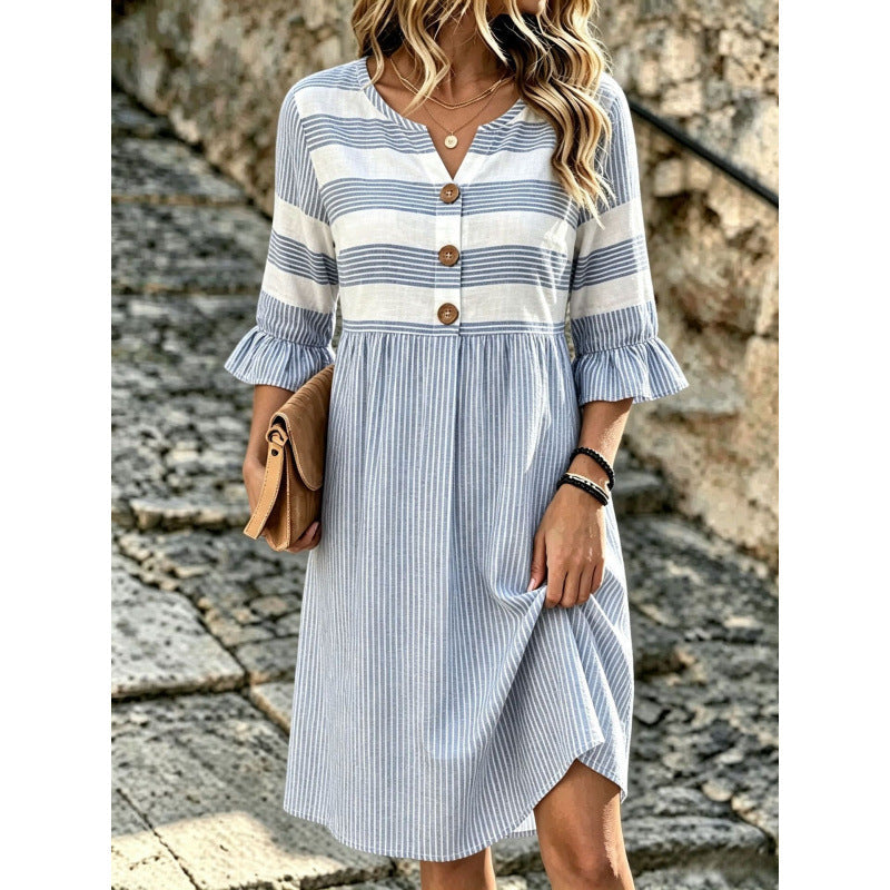 Women's Striped Notch Neck Button Front Midi Dress
