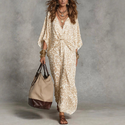 Women's Leopard Print Knot-Front Maxi Kaftan Dress - Flowy V-Neck Chiffon Cover-Up