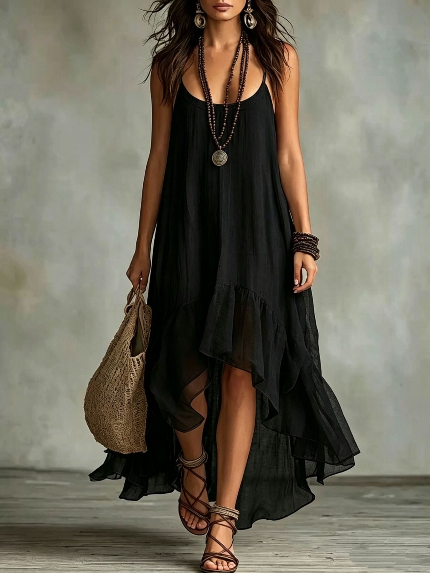 Boho Irregular Ruffle Hem Sleeveless Chiffon Maxi Dress