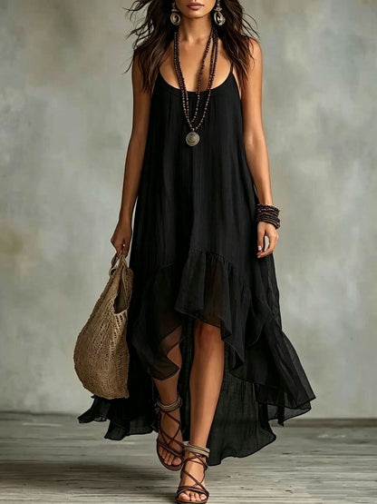 Boho Irregular Ruffle Hem Sleeveless Chiffon Maxi Dress