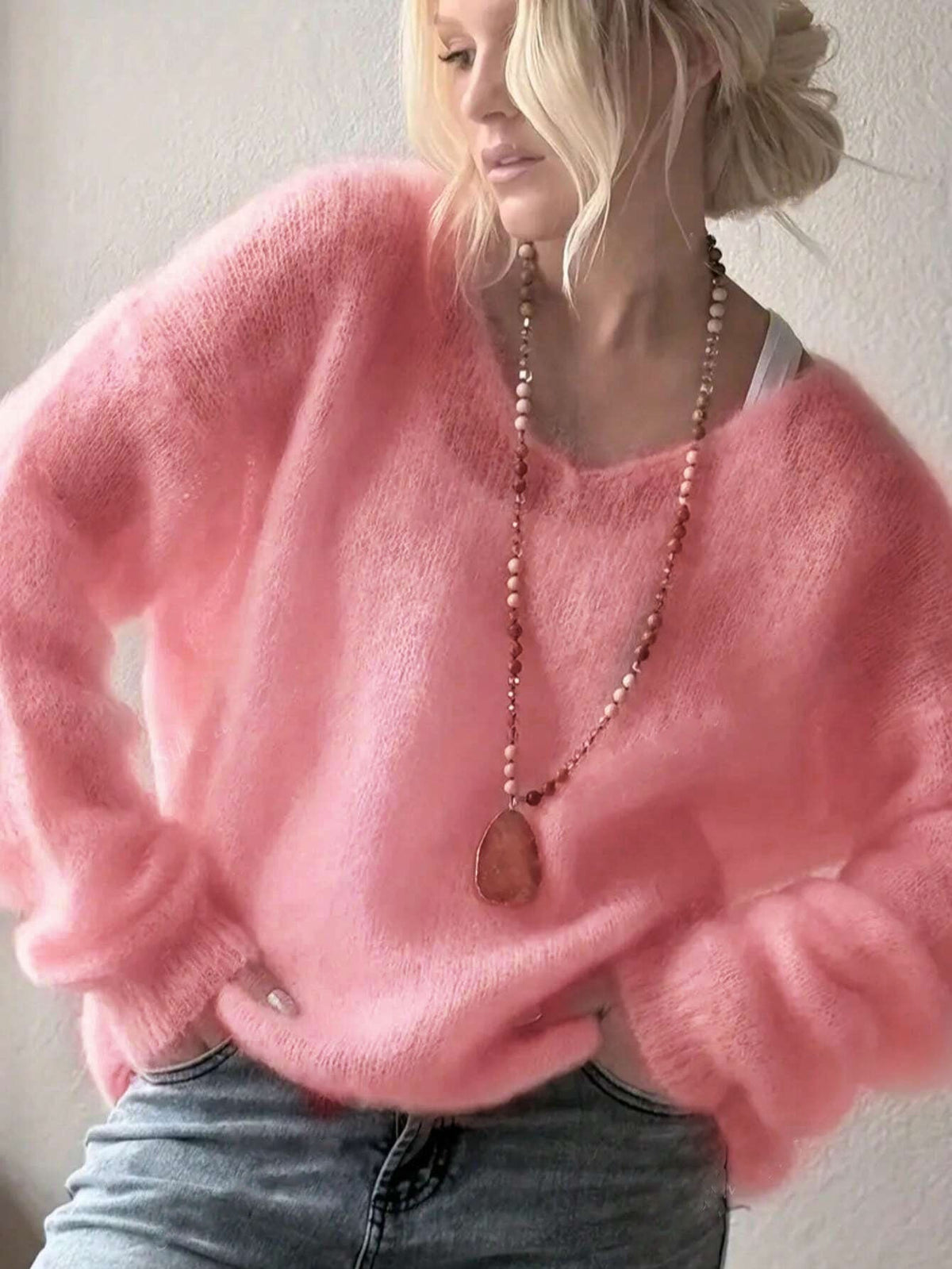 Oversized V‑Neck Drop Shoulder Fuzzy Knit Long Sleeve Loose Fit Pullover Sweater