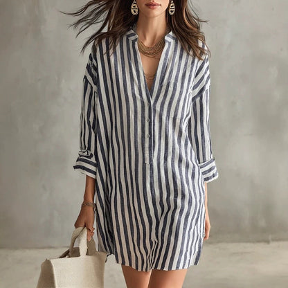 V-Neck Vertical Stripe Roll Sleeve Mini Shirt Dress