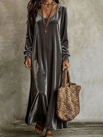 Women's Velvet U‑Neck Long Sleeve Maxi Dress