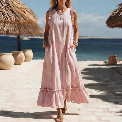 🌊 Coastal Striped Ruffle Maxi Dress