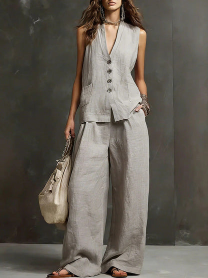 Linen Blend Sleeveless Vest & Wide-Leg Pants Set