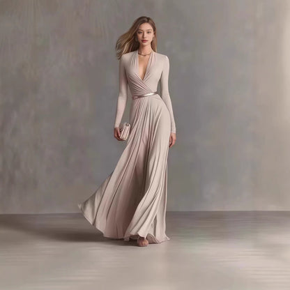 Solid Color Textured Long-Sleeved Elegant Dress For Women With Small Fragrant Waist