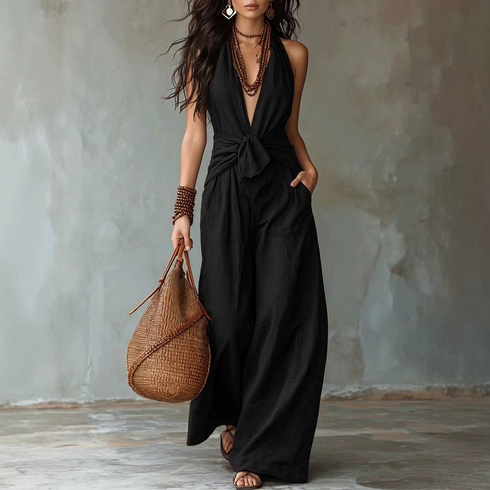 Earthy Brown Halter Wide-Leg Jumpsuit