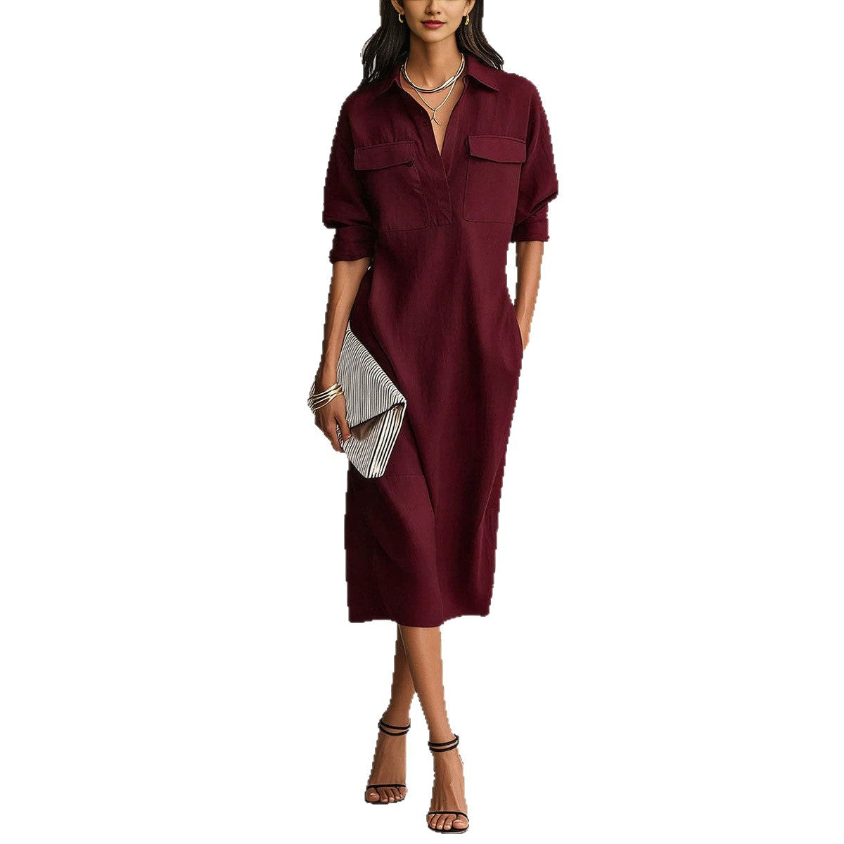 Utility Pocket Half Placket Midi Shirt Dress