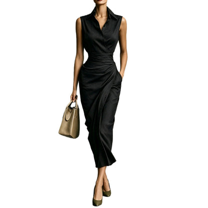 Women's Burgundy Sleeveless Wrap Shirt Midi Dress - Elegant Office & Evening Wear