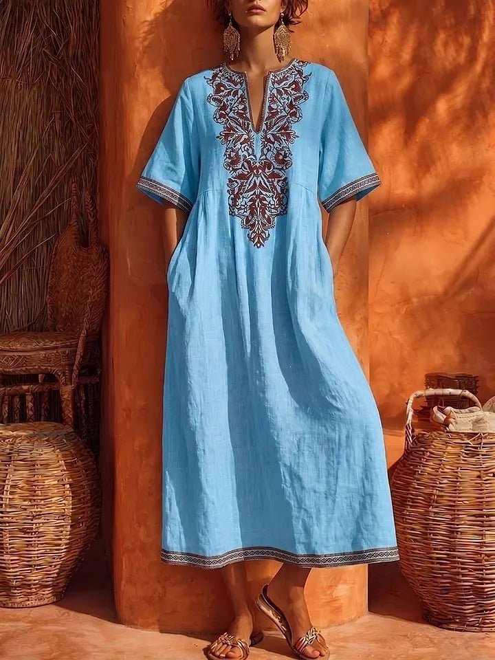 Linen Floral Embroidery V Neck Short Sleeve Midi Kaftan Dress