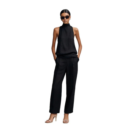Women's Elegant Cotton And Linen Round-neck Sleeveless Top And Trousers Set