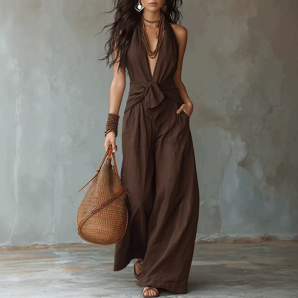 Earthy Brown Halter Wide-Leg Jumpsuit