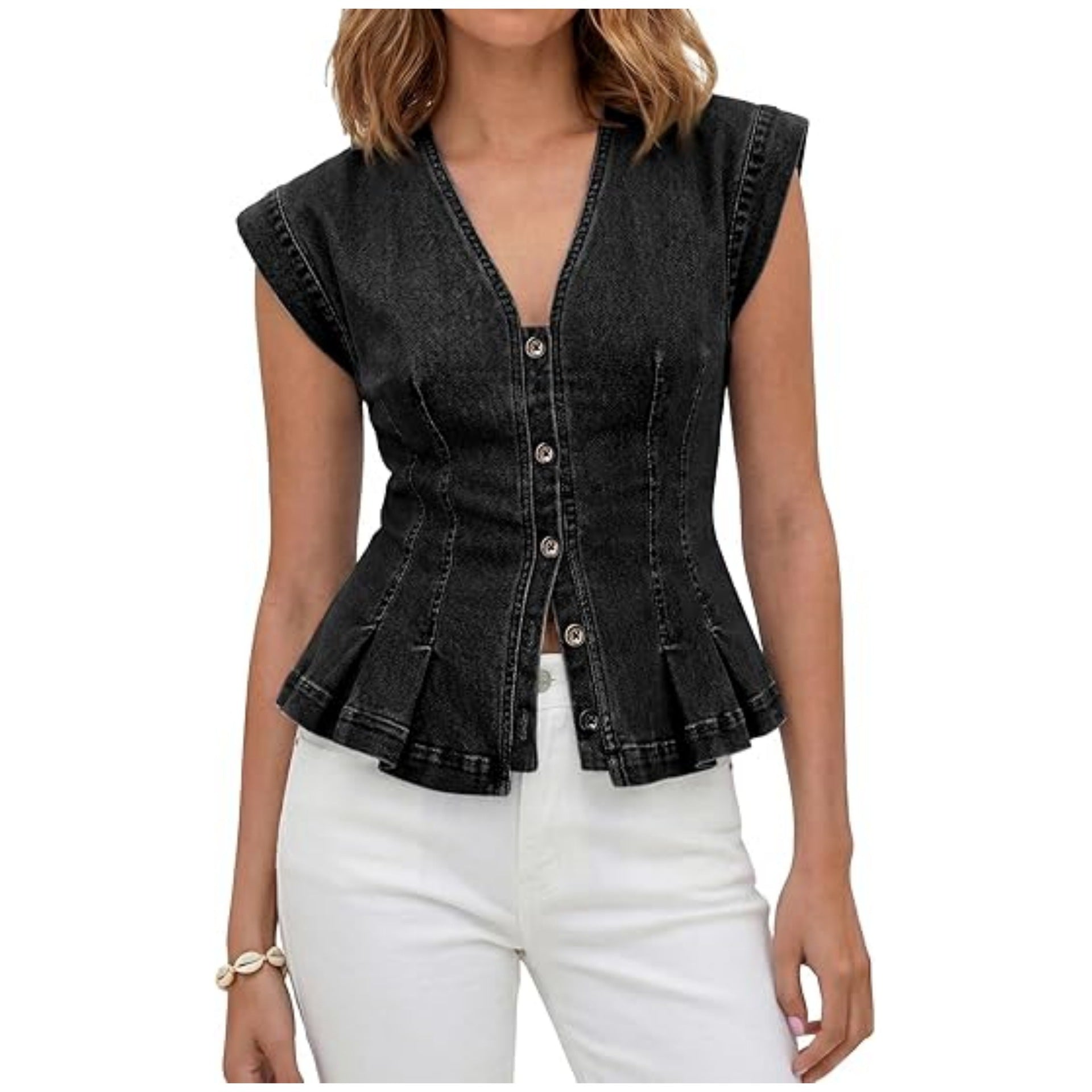V-Neck Denim Peplum Vest