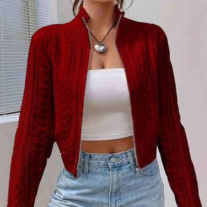 Stand Collar Full Zip Cable Knit Cropped Long Sleeve Knitted Cardigan Jacket