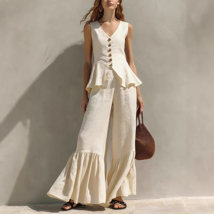 Mustard Linen-Blend Peplum Top & Ruffled Wide-Leg Pants Set