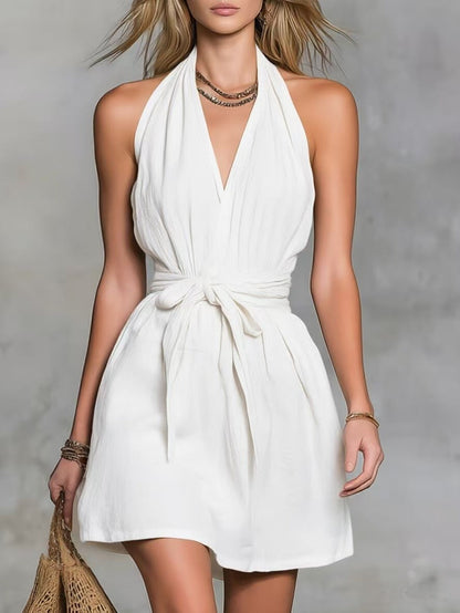 Halter Neck V-Neck Waist Tie Casual Holiday Women'S Dress