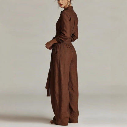 Women's Shirt‑Style Self‑Tie Belt Wide‑Leg Jumpsuit