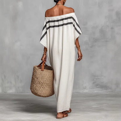 Stripe Off Shoulder Batwing Linen Maxi Kaftan Dress
