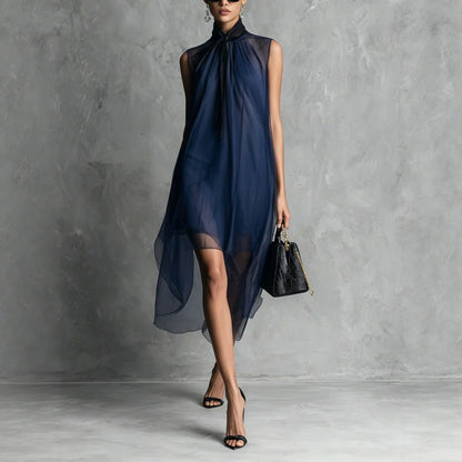 Sheer Mesh Sleeveless Tie Neck Asymmetrical Midi Dress
