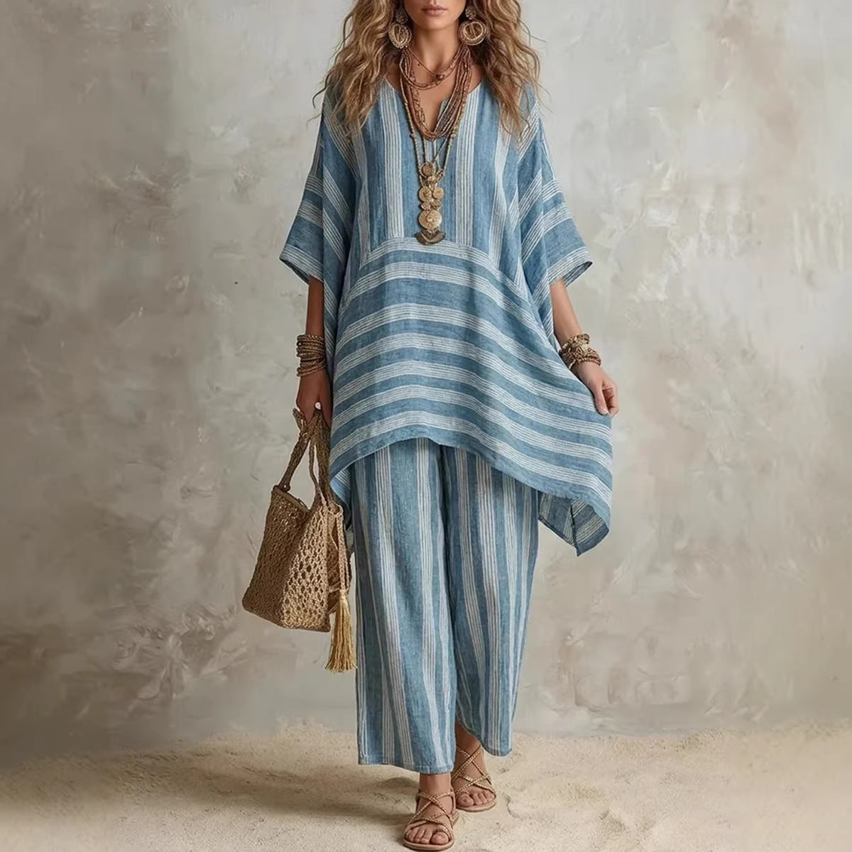 V-Neck Loose Striped Casual Two-Piece Suit