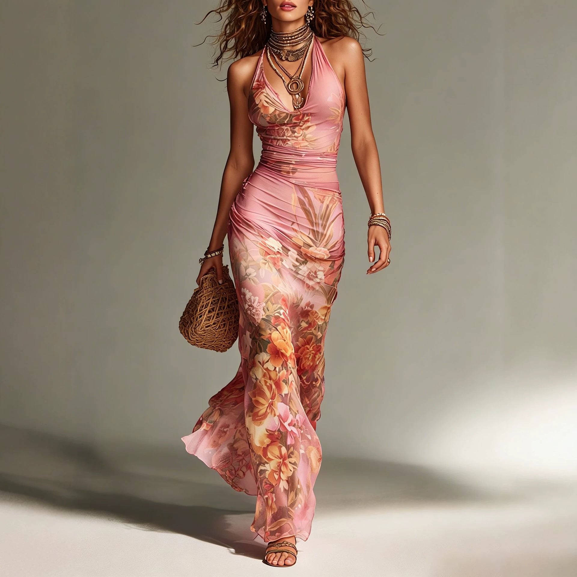 Boho Floral Halter Mesh Maxi Dress