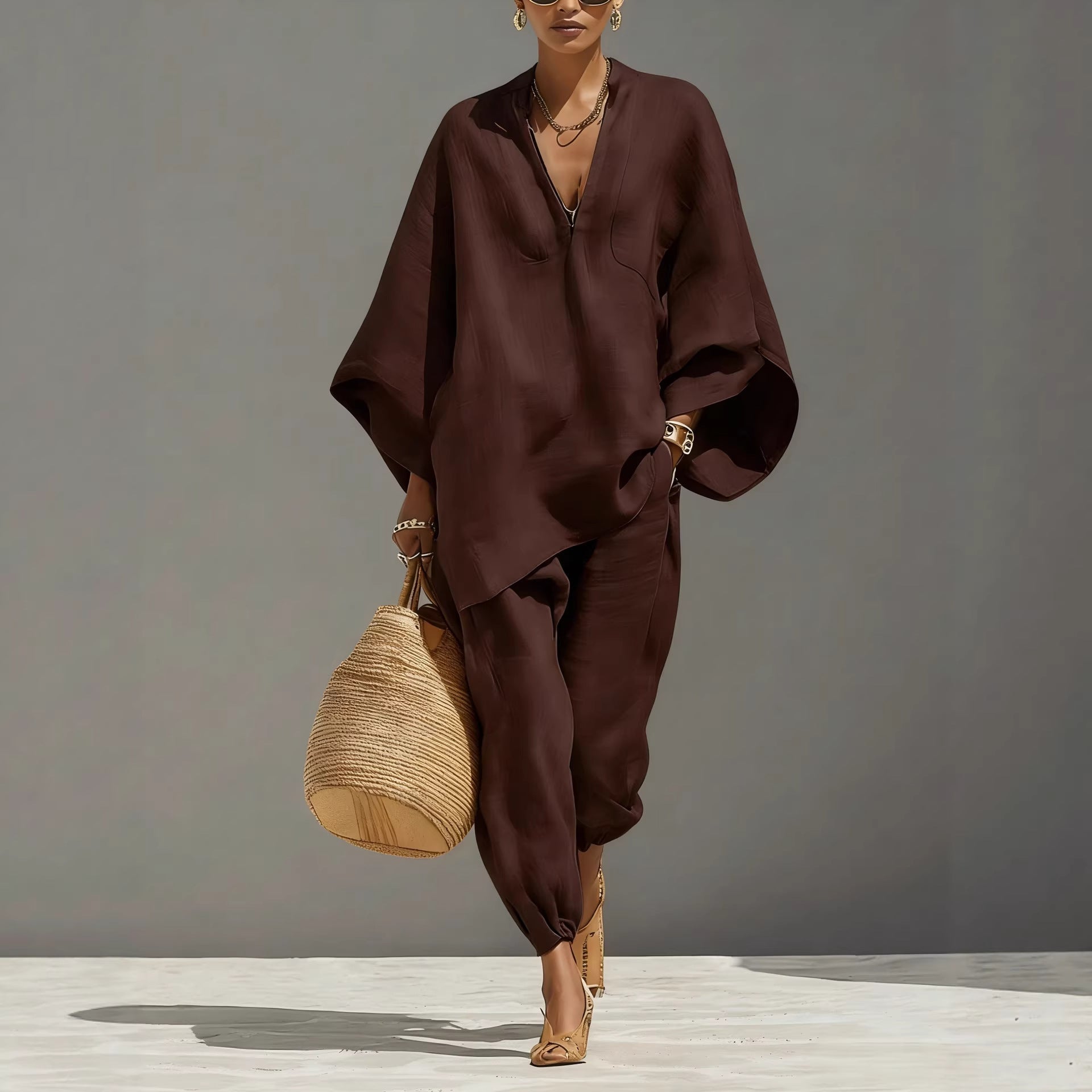 Women's Neutral Linen Set With Asymmetric Hem & Minimalist Design, Sophisticated Daily-Casual Style Set