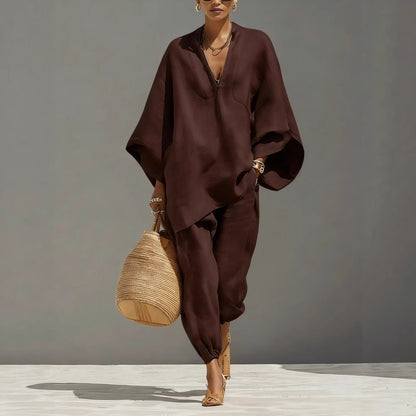 Women's Neutral Linen Set With Asymmetric Hem & Minimalist Design, Sophisticated Daily-Casual Style Set