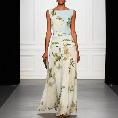 Vintage Lily Floral Color Block Maxi Gown