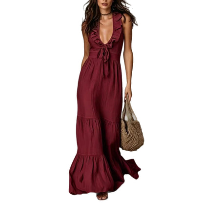 Loose Casual Deep V Ruffled Sleeveless Long Skirt Dress