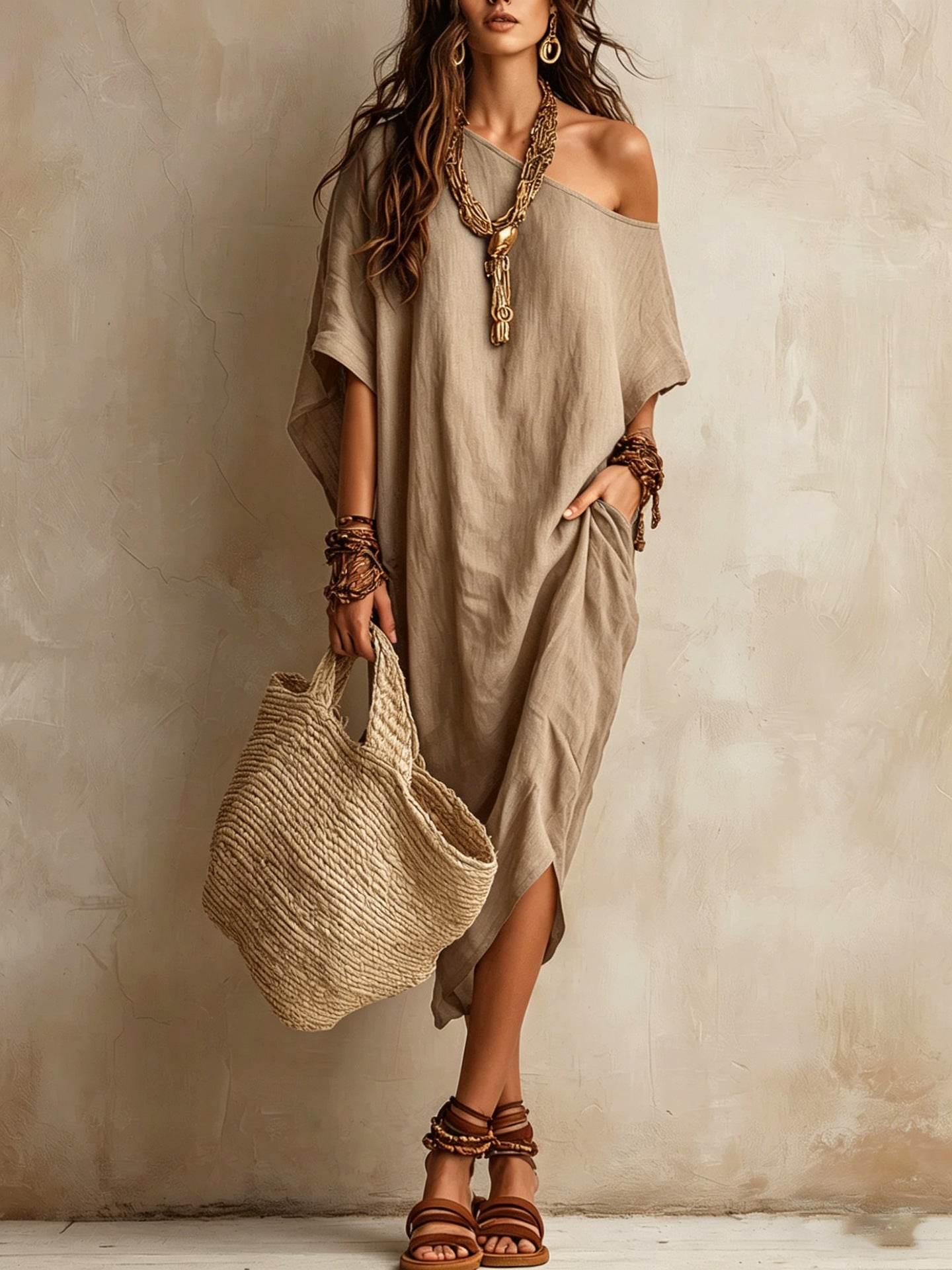 Slanted Shoulder Cotton And Linen Dress Women'S Loose Bat Sleeves Mid-Length Slit Holiday Dress