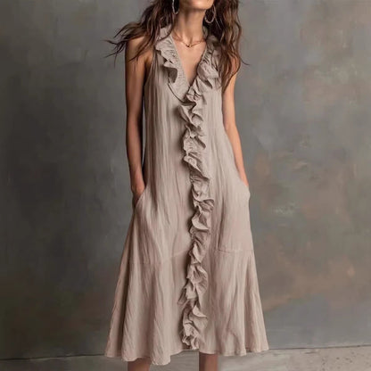 🌿 Ruffle V-Neck Sleeveless Midi Dress
