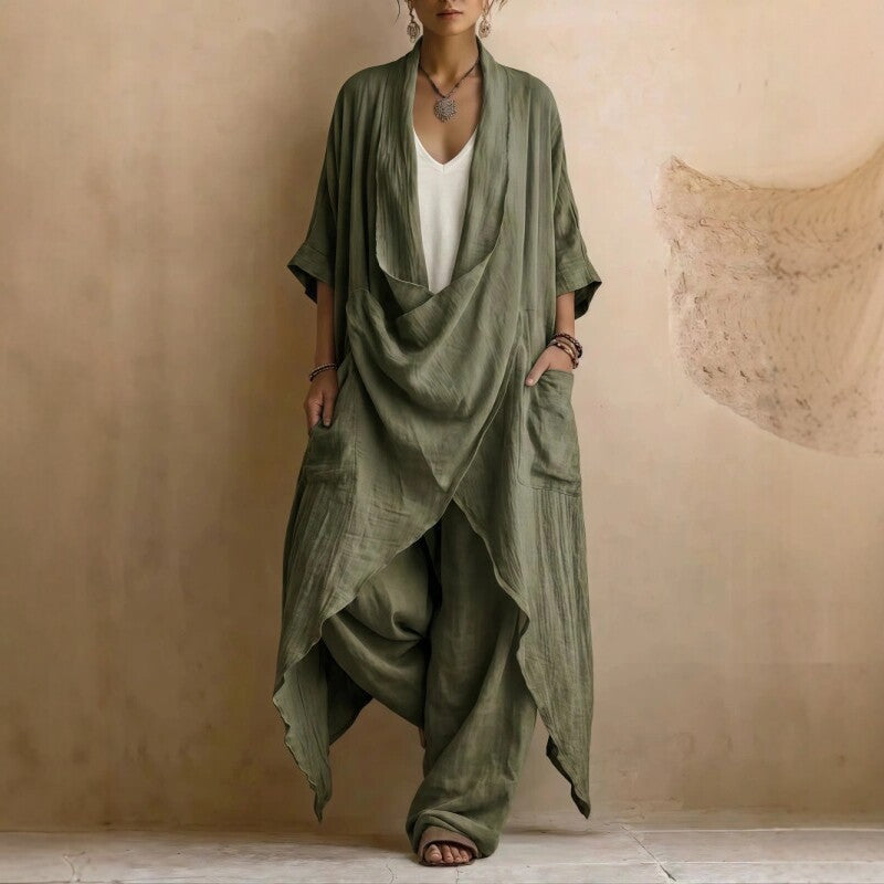 Casual Bohemian Style Suit Consists Of Two Pieces, A Long Linen Cotton Top And Trousers