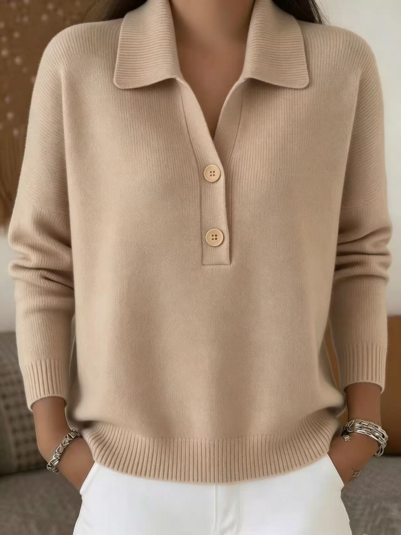 Knitted Lapel Half Placket Button Loose Casual Sweater