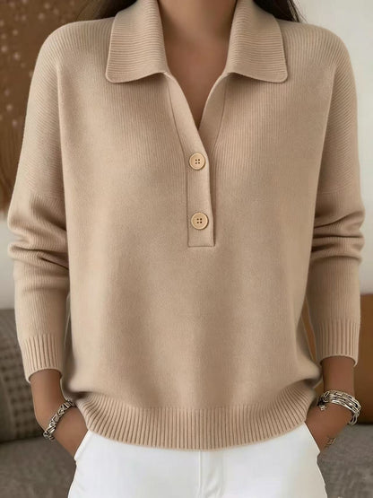 Knitted Lapel Half Placket Button Loose Casual Sweater