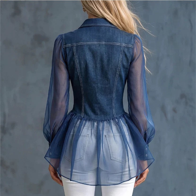 Denim Sheer Organza Puff Sleeve Peplum Fitted Shirt Blouse