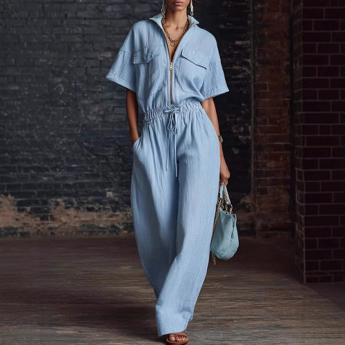 Stand Collar Sleeveless Casual Loose Cotton And Linen Jumpsuit