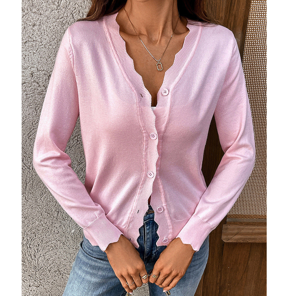 Women's Scallop Trim V‑Neck Knit Cardigan