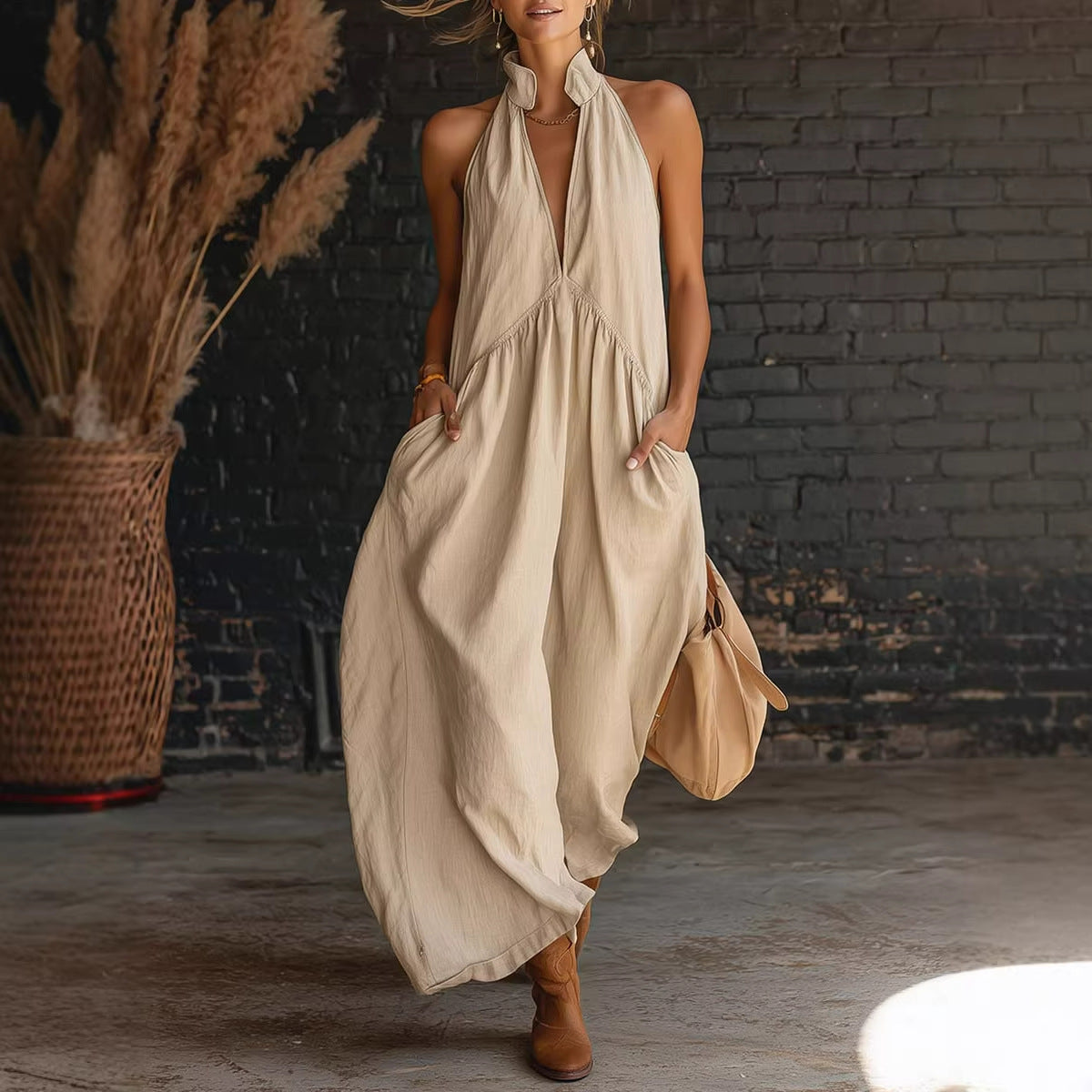 Sleeveless Stand Collar Solid Color Long Vacation Dress