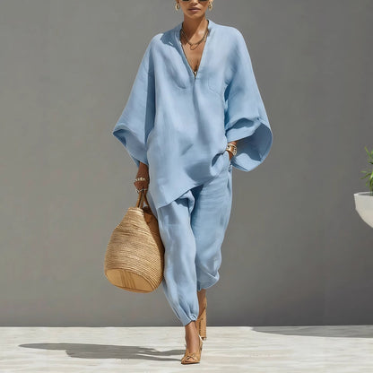 Women's Neutral Linen Set With Asymmetric Hem & Minimalist Design, Sophisticated Daily-Casual Style Set