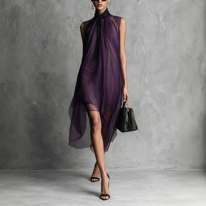 Sheer Mesh Sleeveless Tie Neck Asymmetrical Midi Dress